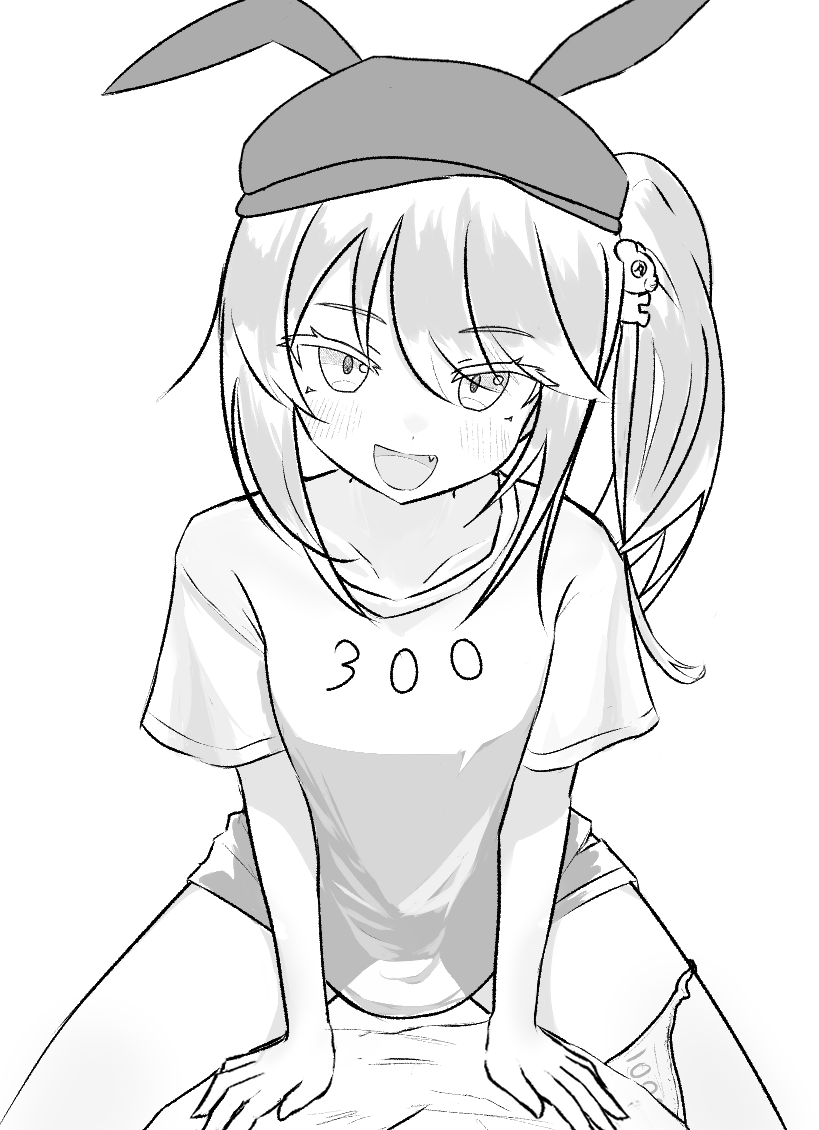 wingcat, leni (black survival), black survival, eternal return: black survival, commentary, 1girl, :d, animal ear headwear, animal ears, animal hat, blush, breasts, collarbone, dot nose, fake animal ears, fang, greyscale, hair between eyes, hair ornament, hat, hat with ears, long hair, looking at viewer, monochrome, no pants, number print, open mouth, panties, panties around leg, partially undressed, pov, rabbit ears, rabbit hat, see-through clothes, see-through shirt, shirt, side ponytail, sketch, small breasts, smile, spread legs, straddling, stuffed animal, stuffed toy, swept bangs, t-shirt, teddy bear, teddy bear hair ornament, thighs, underwear, upright straddle