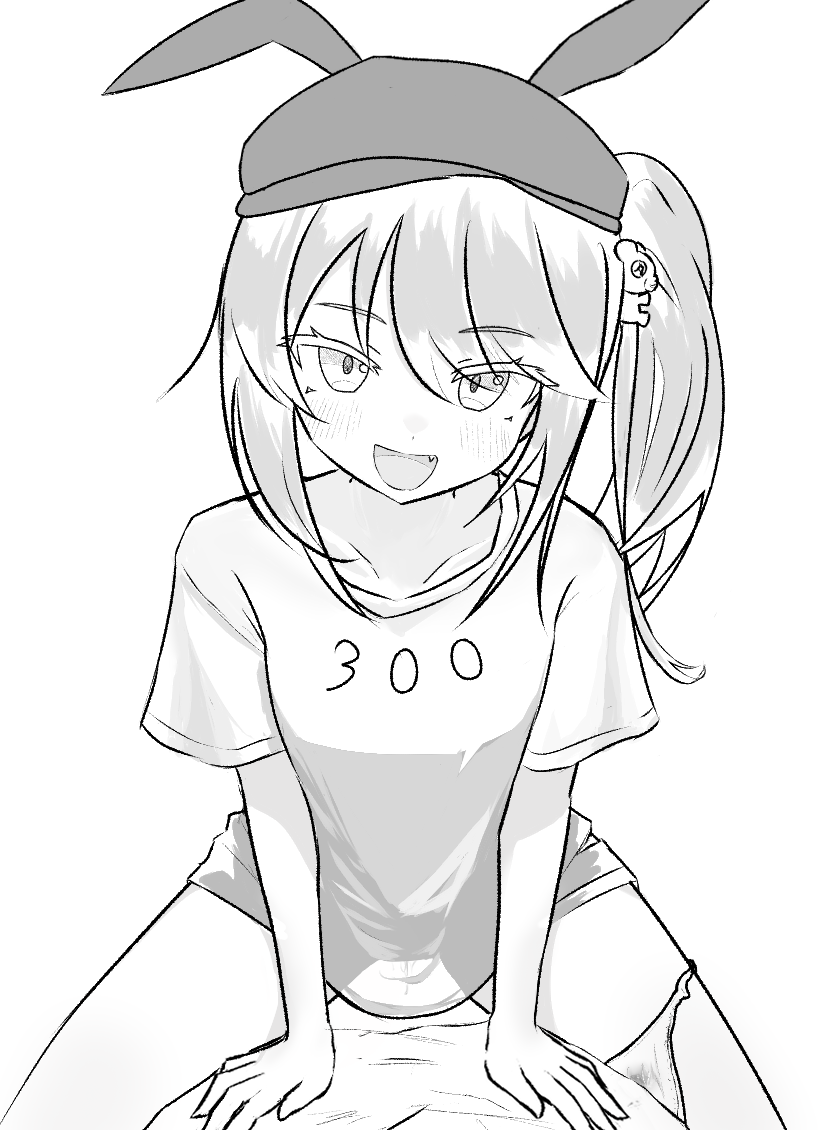 wingcat, leni (black survival), black survival, eternal return: black survival, commentary, 1girl, :d, animal ear headwear, animal ears, animal hat, blush, breasts, collarbone, dot nose, fake animal ears, fang, greyscale, hair between eyes, hair ornament, hat, hat with ears, long hair, looking at viewer, monochrome, no pants, number print, open mouth, panties, panties around leg, partially undressed, pov, pussy juice, rabbit ears, rabbit hat, see-through clothes, see-through shirt, shirt, side ponytail, sketch, small breasts, smile, spread legs, straddling, stuffed animal, stuffed toy, swept bangs, t-shirt, teddy bear, teddy bear hair ornament, thighs, underwear, upright straddle