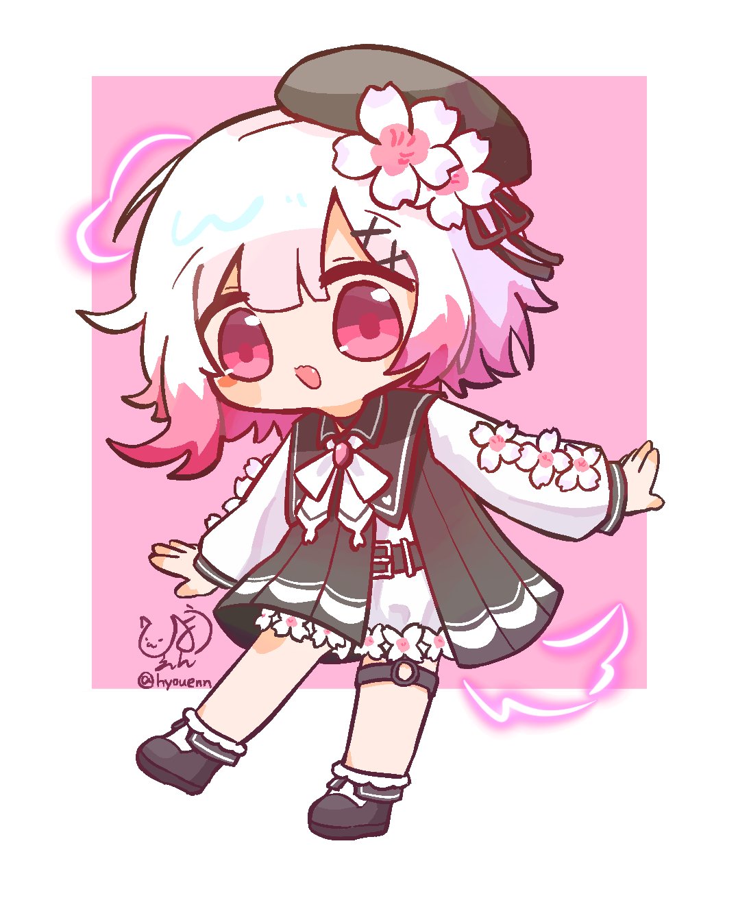 hyouenn, sakuraba ema, mahou shoujo no majo saiban, highres, 1girl, black dress, black hat, black shoes, border, cherry blossoms, chibi, chibi only, dress, full body, hat, long sleeves, looking at viewer, open mouth, pink background, pink eyes, pink hair, shoes, solo, standing, thigh strap, white border
