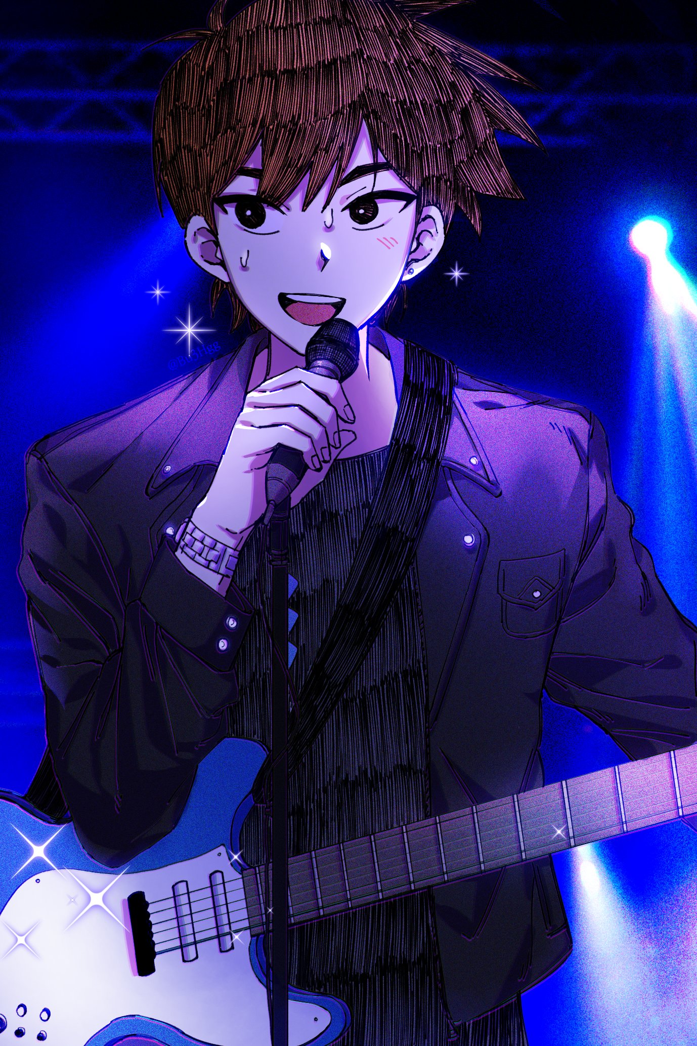 bu3hgg, hero (faraway) (omori), hero (omori), omori, commentary request, highres, korean commentary, 1boy, :d, antenna hair, backlighting, black eyes, black jacket, black pants, black shirt, bright pupils, brown hair, buttons, collared jacket, earrings, film grain, fingernails, guitar, hair behind ear, hair between eyes, hatching (texture), holding, holding guitar, holding instrument, holding microphone, indoors, instrument, jacket, jewelry, light particles, male focus, microphone, music, open clothes, open jacket, open mouth, pants, pocket, shirt, short hair, simple background, singing, single earring, smile, solo, sparkle, stage lights, standing, stud earrings, sweat, swept bangs, teeth, tongue, twitter username, upper body, upper teeth only, very short hair, watch, white pupils, wristwatch