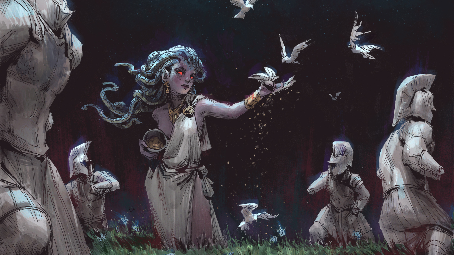 andrewkmar, medusa (mythology), greek mythology, highres, ancient greek clothes, attic helmet, bare shoulders, bird, bird feeding, brooch, chiton, gold bracer, greco-roman clothes, jewelry, necklace, night, outdoors, petrification, red eyes, snake hair, statue