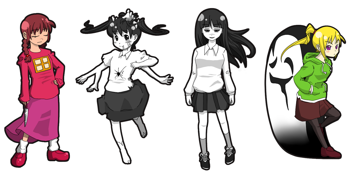 enutsuu, madotsuki, monoe, monoko, poniko, uboa, yume nikki, black legwear, bad id, bad pixiv id, 4girls, bow, bowtie, dress, full body, green shirt, hands in pockets, hood, hood down, hoodie, long sleeves, looking at viewer, multiple girls, pantyhose, partially colored, pink shirt, ponytail, raised eyebrows, red dress, red skirt, shirt, simple background, skirt, torn clothes, twintails, white background, yellow bow, yellow bowtie
