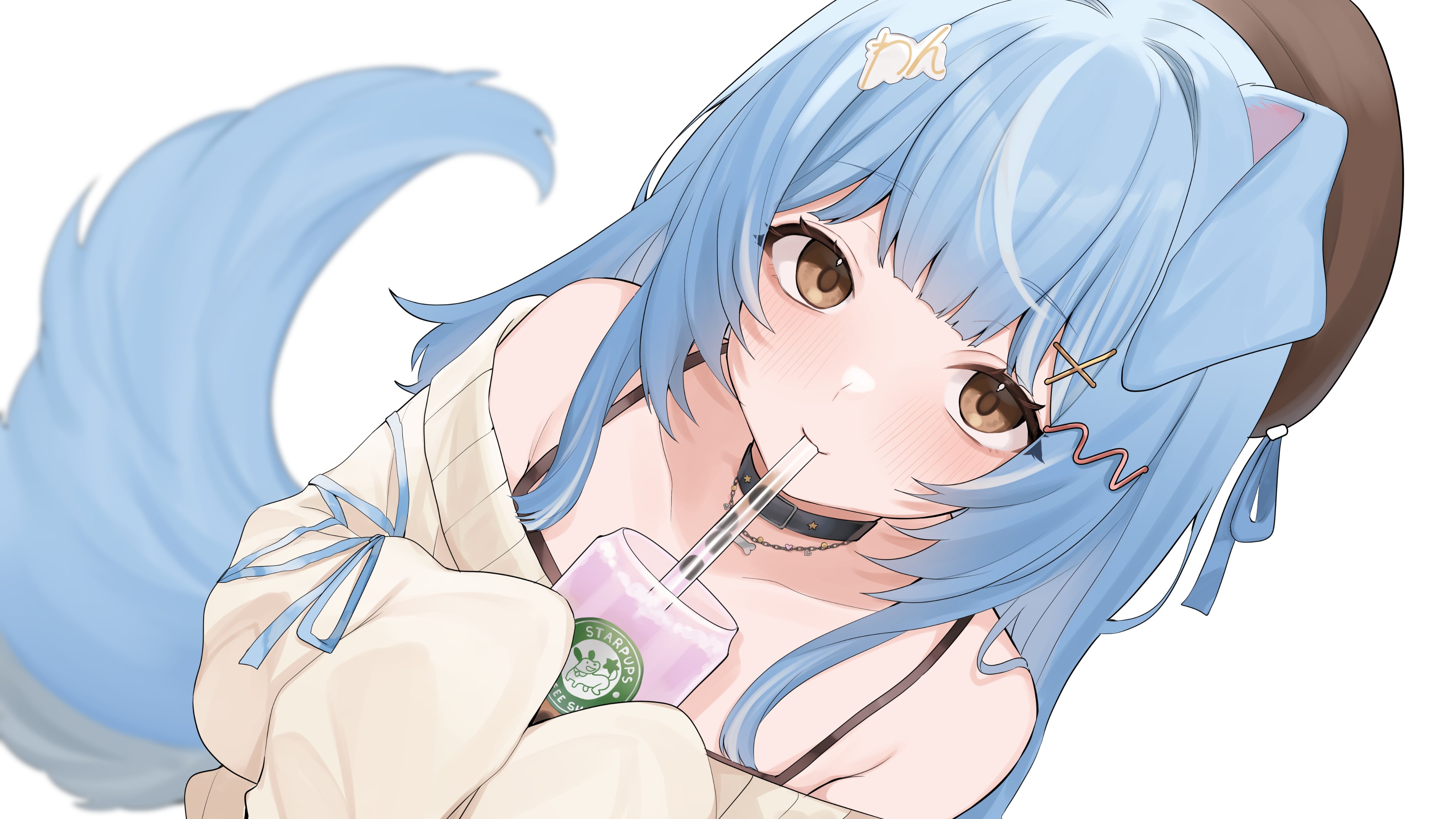mugripley, indie virtual youtuber, original, absurdres, highres, 1girl, animal ears, bare shoulders, black choker, blue hair, brand name imitation, brown eyes, brown hat, choker, closed mouth, collarbone, cup, dog ears, dog girl, dog tail, drinking glass, hair ornament, hairclip, hat, long hair, long sleeves, looking at viewer, namo naru (vtuber), off-shoulder sweater, off shoulder, simple background, sleeves past fingers, sleeves past wrists, smile, solo, spaghetti strap, sweater, tail, undershirt, upper body, white background, white sweater
