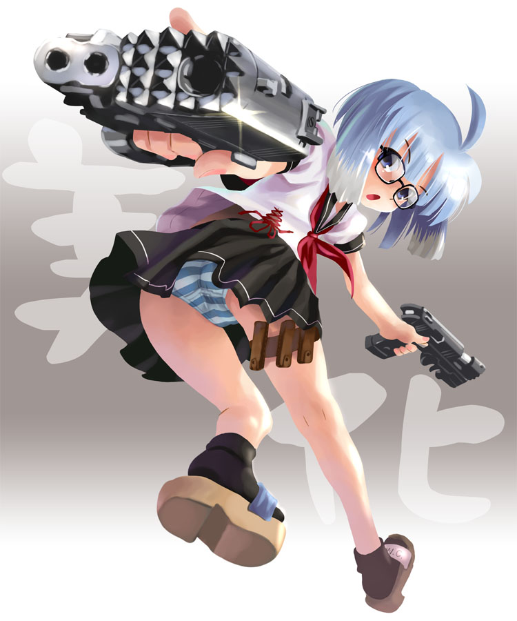 katahira masashi, original, 1girl, ass, blue eyes, blue hair, dual wielding, female focus, full body, glasses, gun, handgun, holding, holding gun, holding weapon, matching hair/eyes, multicolored hair, panties, pantyshot, pistol, school uniform, serafuku, short hair, solo, standing, striped clothes, striped panties, trigger discipline, two-tone hair, underwear, upskirt, weapon