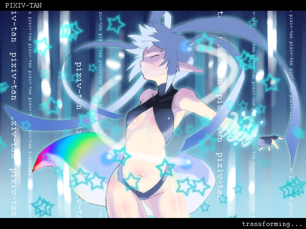 kasuga ayumu (artist), kasuga ayumu (haruhipo), pixiv-tan, pixiv, bad id, bad pixiv id, 1girl, blue hair, breasts, closed eyes, female focus, flat chest, henshin, long hair, pointy ears, small breasts, solo, star (symbol), twintails, underboob