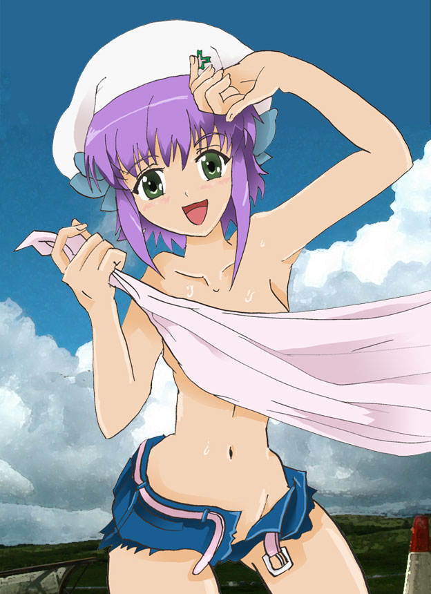 chiemi terutora, shiho elis, night wizard, bad id, bad pixiv id, 00s, 1girl, belt, cutoffs, female focus, green eyes, hat, no bra, no panties, open belt, open clothes, open fly, open shorts, purple hair, short hair, shorts, solo, topless female, unbuckled, unbuttoned, unzipped