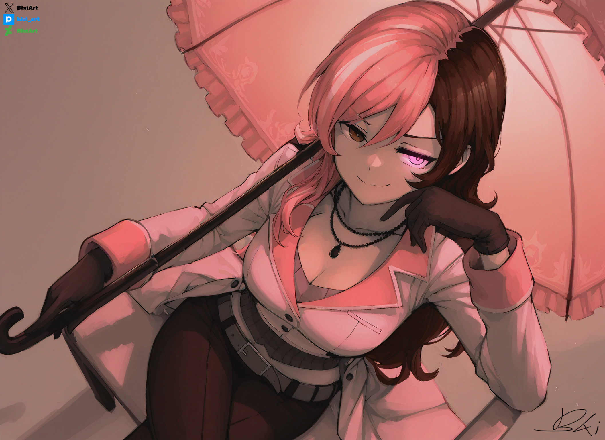 neopolitan (rwby), rwby, ai-assisted, highres, non-web source, self-upload, 1girl, bead necklace, beads, belt, black gloves, blxi, breasts, brown eyes, brown hair, cleavage, crossed legs, foreshortening, from above, gloves, glowing, glowing eye, heterochromia, jacket, jewelry, large breasts, long hair, long sleeves, multicolored hair, necklace, parasol, pink eyes, pink hair, signature, sitting, sleeve cuffs, smile, smug, solo, split-color hair, thighs, two-tone hair, umbrella, white jacket