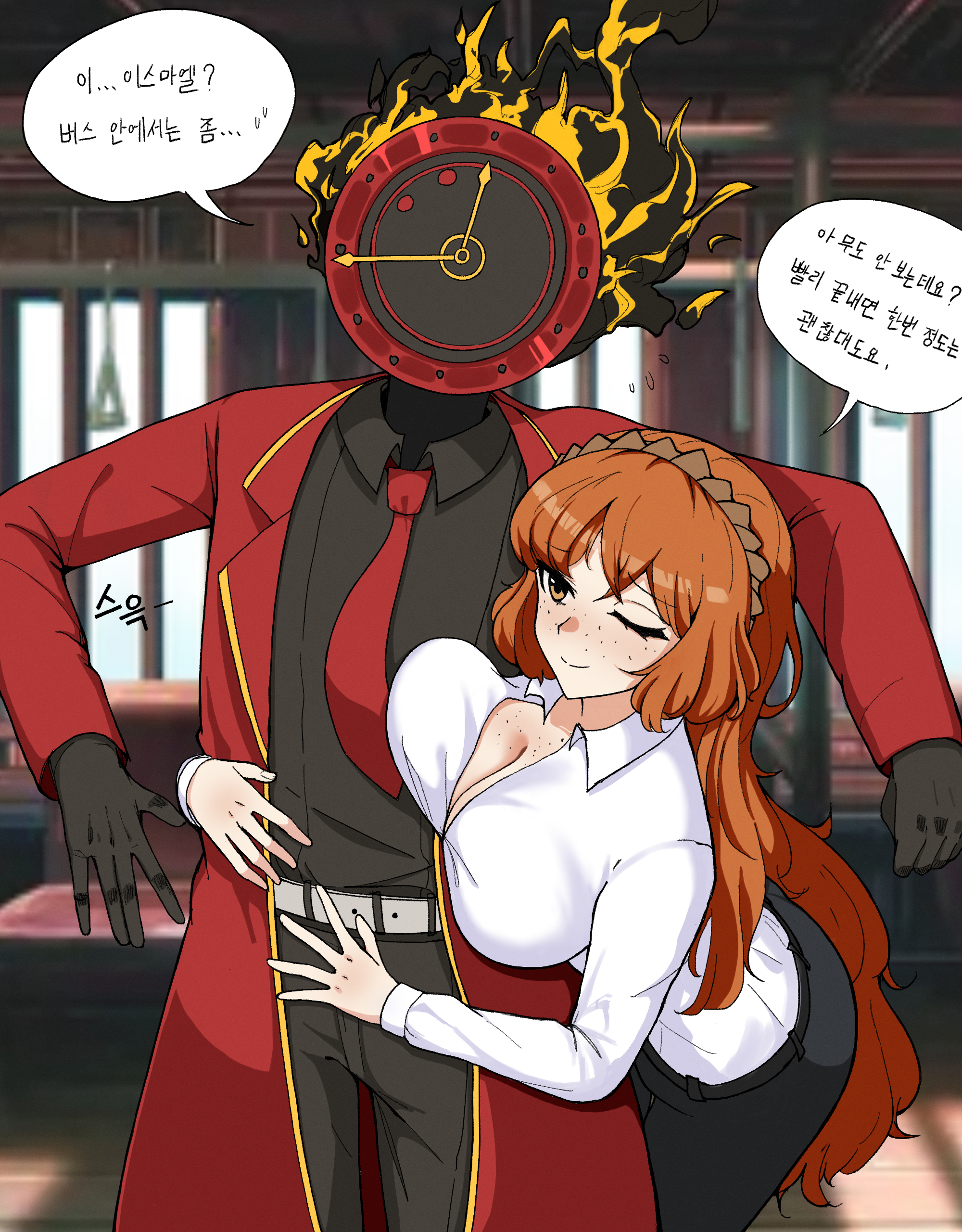 dante (limbus company), ishmael (project moon), limbus company, project moon, absurdres, highres, translation request, 1girl, 1other, body freckles, breast freckles, clock, coat, fire, flaming head, freckles, janne121545, korean text, necktie, object head, other with female, red coat, red necktie, speech bubble
