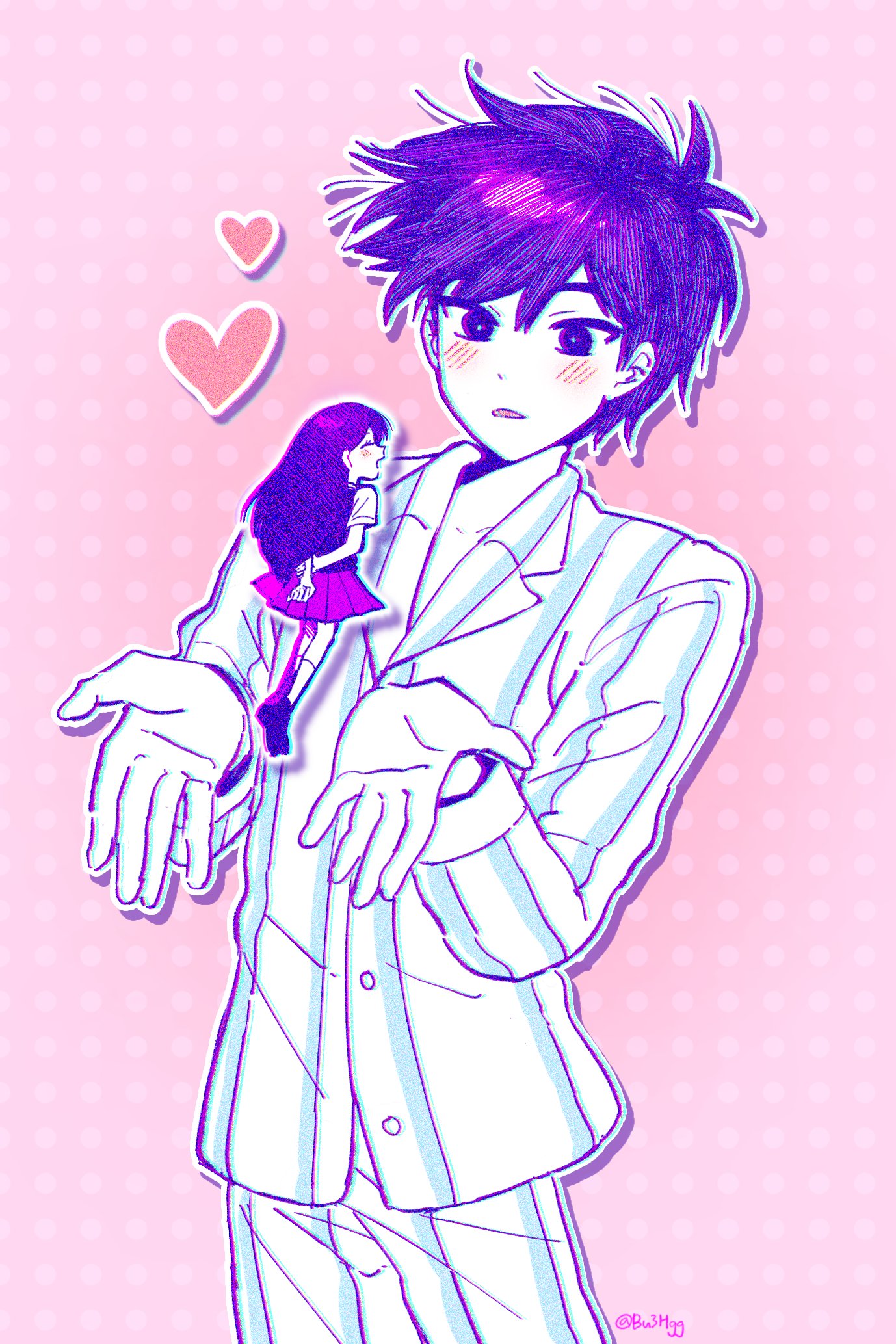 bu3hgg, hero (headspace) (omori), hero (omori), mari (headspace) (omori), mari (omori), omori, commentary, highres, symbol-only commentary, 1boy, 1girl, :d, ^ ^, antenna hair, arms behind back, blue pants, blue shirt, blush, bright pupils, buttons, chromatic aberration, closed eyes, collared shirt, colored skin, cowboy shot, face-to-face, facing another, hair behind ear, hair between eyes, hands up, heart, hetero, kneehighs, long hair, long sleeves, looking at another, male focus, mini person, minigirl, miniskirt, open mouth, outline, pajamas, pants, pink background, pleated skirt, polka dot, polka dot background, purple eyes, purple hair, purple shoes, purple skirt, shirt, shoes, short hair, simple background, skirt, smile, socks, solo focus, standing, striped clothes, striped pajamas, striped pants, striped shirt, twitter username, two-tone pants, two-tone shirt, vertical-striped clothes, vertical-striped pajamas, vertical-striped pants, vertical-striped shirt, very short hair, white outline, white pants, white pupils, white shirt, white skin, white socks