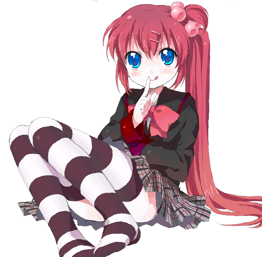 namori, saigusa haruka, little busters!, 1girl, :q, blue eyes, blush, bow, female focus, finger to mouth, hair ornament, hairclip, long hair, oekaki, pink bow, red hair, shushing, side ponytail, skirt, smile, solo, striped clothes, striped thighhighs, thighhighs, tongue, tongue out