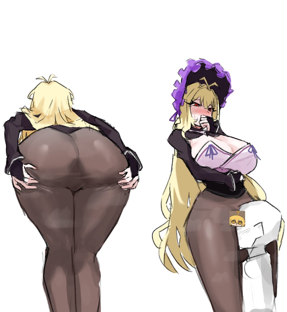 catnip scent, dulcinea (project moon), limbus company, project moon, 1girl, 1other, antenna hair, ass, black corset, black pantyhose, black shrug, blonde hair, blush, bonnet, breasts, censored, cleavage, corset, frilled bonnet, frills, head between thighs, large breasts, long hair, looking at viewer, multiple views, no pants, pantyhose, presenting, presenting ass, purple bonnet, red eyes, shrug (clothing), simple background, solo focus, spread ass, standing, upper body, white background