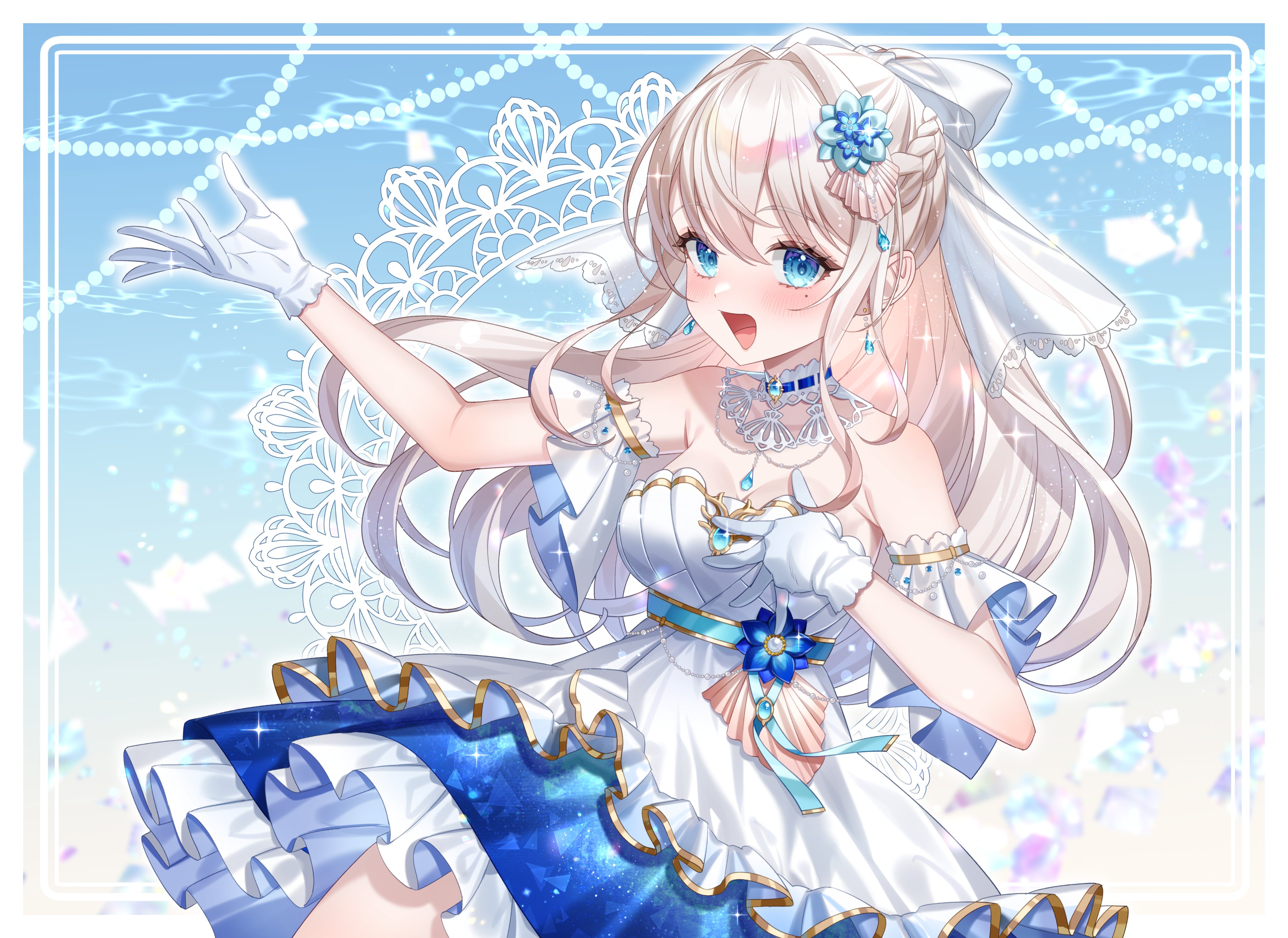 tatata n3b7, nagino mashiro, nagino mashiro (2nd costume), indie virtual youtuber, absurdres, commentary request, commission, highres, skeb commission, 1girl, bare shoulders, blonde hair, blue dress, blue eyes, blush, bow, breasts, choker, cleavage, dress, flower, gloves, hair bow, hair flower, hair ornament, medium breasts, mole, mole under eye, open mouth, smile, solo, white dress, white gloves
