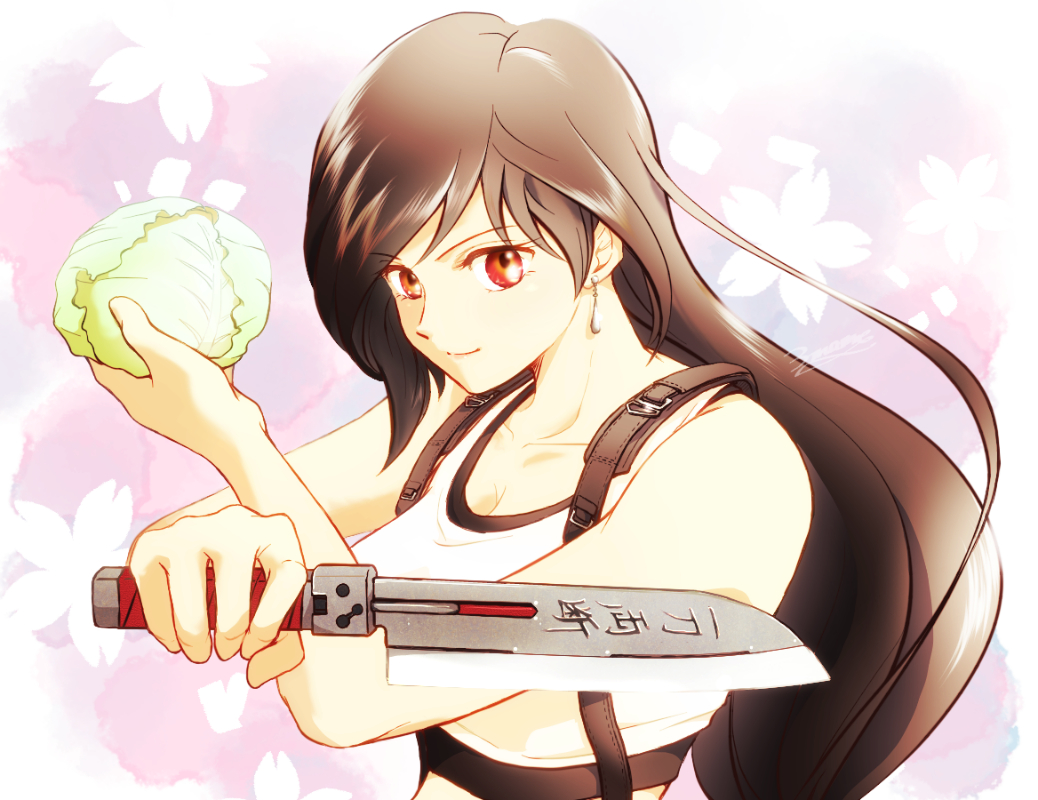 3mame 000 185, tifa lockhart, final fantasy, final fantasy vii, final fantasy vii remake, commentary request, 1girl, bare arms, bare shoulders, black hair, black sports bra, breasts, cabbage, cherry blossoms, closed mouth, collarbone, crop top, earrings, floral background, food, gradient background, holding, holding food, holding knife, holding vegetable, jewelry, knife, long hair, looking at viewer, medium breasts, pink background, red eyes, single earring, smile, solo, sports bra, suspenders, tank top, teardrop earrings, upper body, vegetable, white tank top