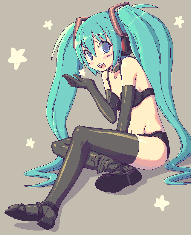 kimarin, hatsune miku, vocaloid, 1girl, blue eyes, blue hair, blush, bra, elbow gloves, female focus, gloves, lingerie, long hair, matching hair/eyes, oekaki, panties, sitting, solo, thighhighs, twintails, underwear, underwear only