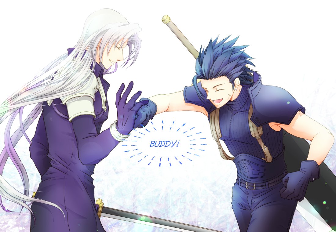 3mame 000 185, sephiroth, zack fair, crisis core final fantasy vii, final fantasy, final fantasy vii, commentary request, 2boys, armor, black coat, black gloves, black hair, black pants, buster sword, coat, cowboy shot, cross scar, earrings, facial scar, gloves, grey hair, jewelry, long hair, male focus, multiple boys, open mouth, pants, parted lips, punching, ribbed sweater, scar, scar on cheek, scar on face, short hair, shoulder armor, sleeveless, sleeveless turtleneck, smile, spiked hair, stud earrings, suspenders, sweater, sword, sword on back, turtleneck, turtleneck sweater, weapon, weapon on back