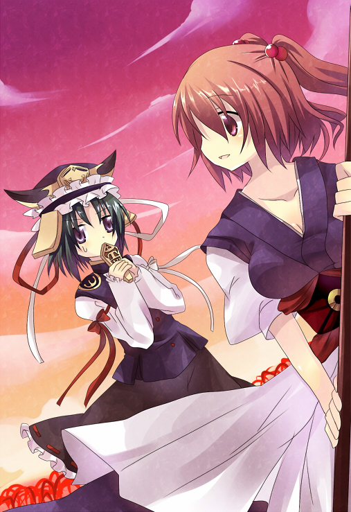 ichi (bji), onozuka komachi, shiki eiki, touhou, bad id, bad pixiv id, 2girls, blue dress, blue eyes, blush, collarbone, covering own mouth, dress, female focus, green eyes, green hair, hat, long sleeves, mob cap, multiple girls, obi, orange sky, puffy short sleeves, puffy sleeves, red eyes, red hair, rod of remorse, sash, short sleeves, sky, sunset, twintails, two side up