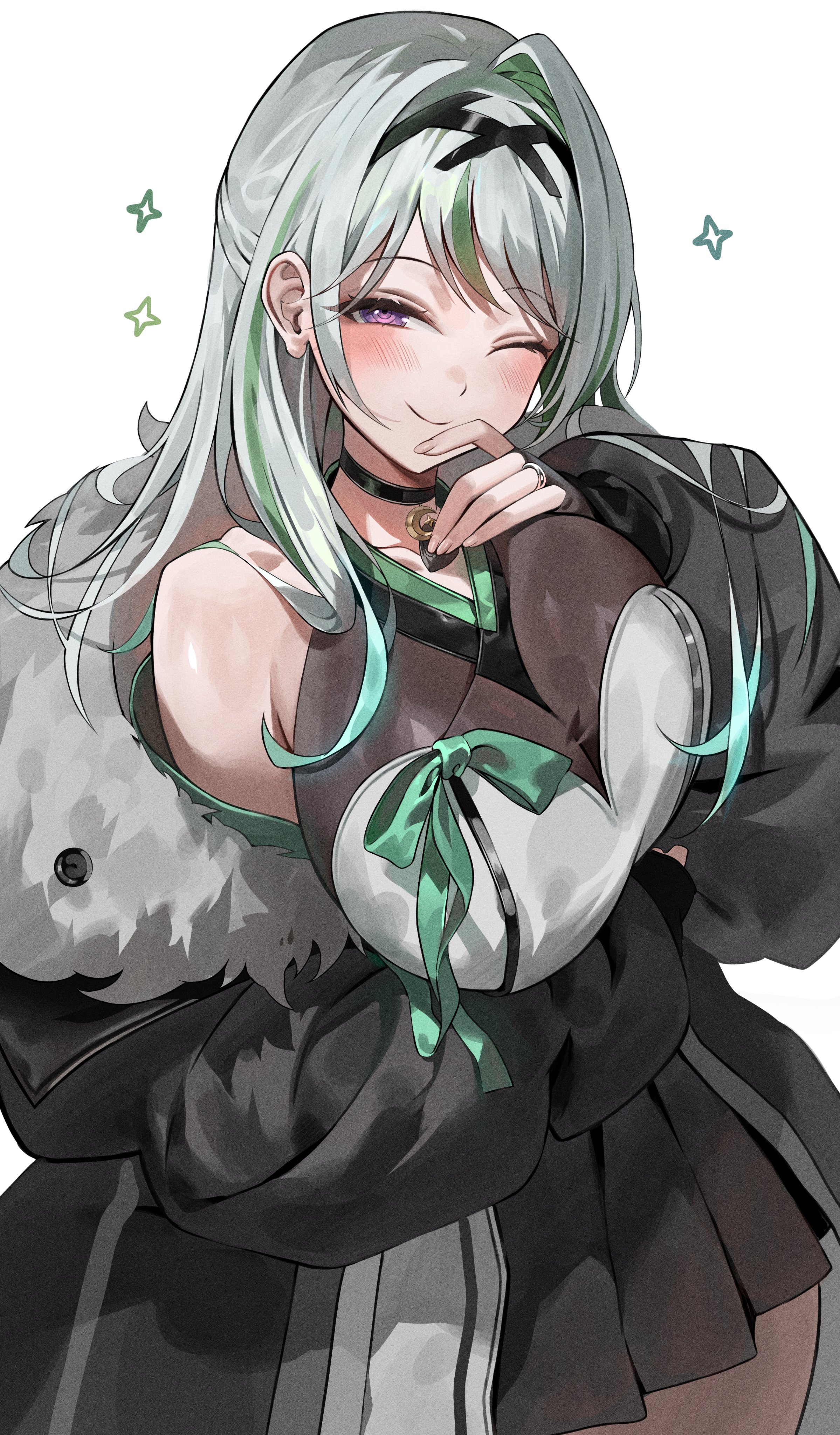 zutsuyaku, alias anono, alias anono (2nd costume), v4mirai, absurdres, commentary, highres, symbol-only commentary, 1girl, black choker, black jacket, breasts, choker, closed mouth, cowboy shot, green hair, grey hair, hand on own face, high-waist skirt, jacket, jewelry, large breasts, long hair, looking at viewer, moon (ornament), multicolored hair, official alternate costume, one eye closed, open clothes, open jacket, pendant choker, pleated skirt, purple eyes, ribbon, see-through clothes, shirt, skirt, sleeveless, smile, star (symbol), streaked hair, virtual youtuber, white shirt