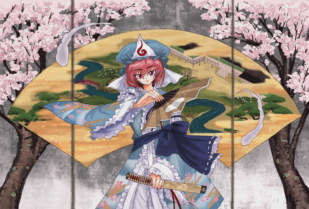 tsurui, saigyouji yuyuko, touhou, 1girl, bridge, cherry blossoms, female focus, folding fan, hand fan, hitodama, holding, japanese clothes, jitome, kimono, pink eyes, pink hair, scabbard, sheath, sheathed, short hair, solo, stream, sword, veranda, wakizashi, weapon, wide sleeves