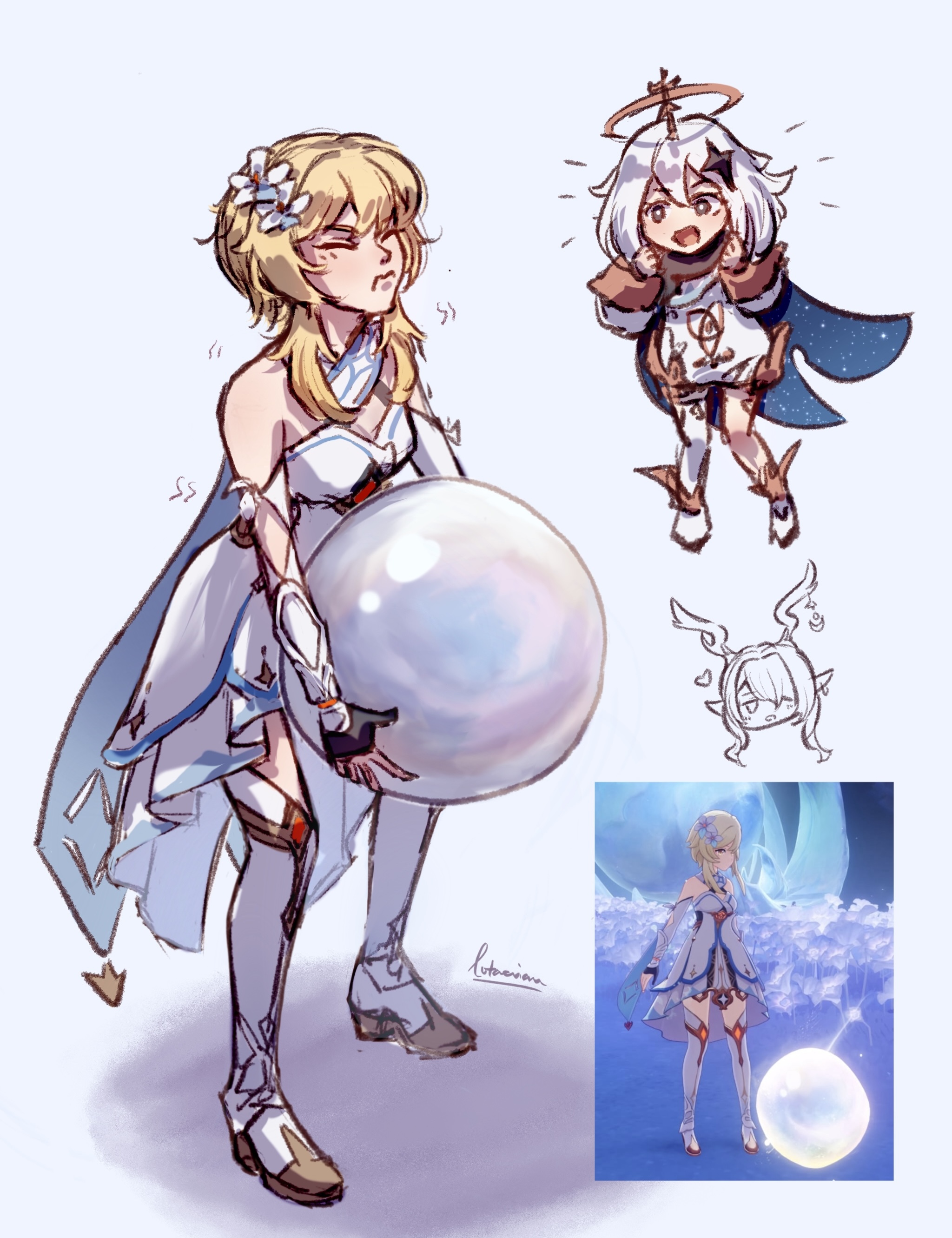 lutaerian, lauma (genshin impact), lumine (genshin impact), paimon (genshin impact), genshin impact, absurdres, commentary, english commentary, highres, 2girls, bare shoulders, black gloves, blonde hair, boots, breasts, cleavage, closed eyes, closed mouth, crystal hair ornament, dress, flower, full body, game screenshot inset, gloves, hair between eyes, hair flower, hair ornament, halo, heavy, holding, holding rock, looking at another, medium breasts, multiple girls, open mouth, partially fingerless gloves, rock, romper, short hair with long locks, signature, simple background, thigh boots, trembling, white boots, white dress, white hair, white romper