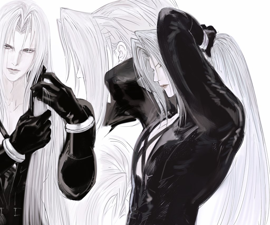 hayashishisou, sephiroth, final fantasy, final fantasy vii, commentary request, 1boy, adjusting hair, alternate hairstyle, black coat, black gloves, chest strap, coat, from side, gloves, grey hair, holding, holding own hair, long hair, long sleeves, male focus, multiple views, parted bangs, ponytail, profile, upper body, very long hair