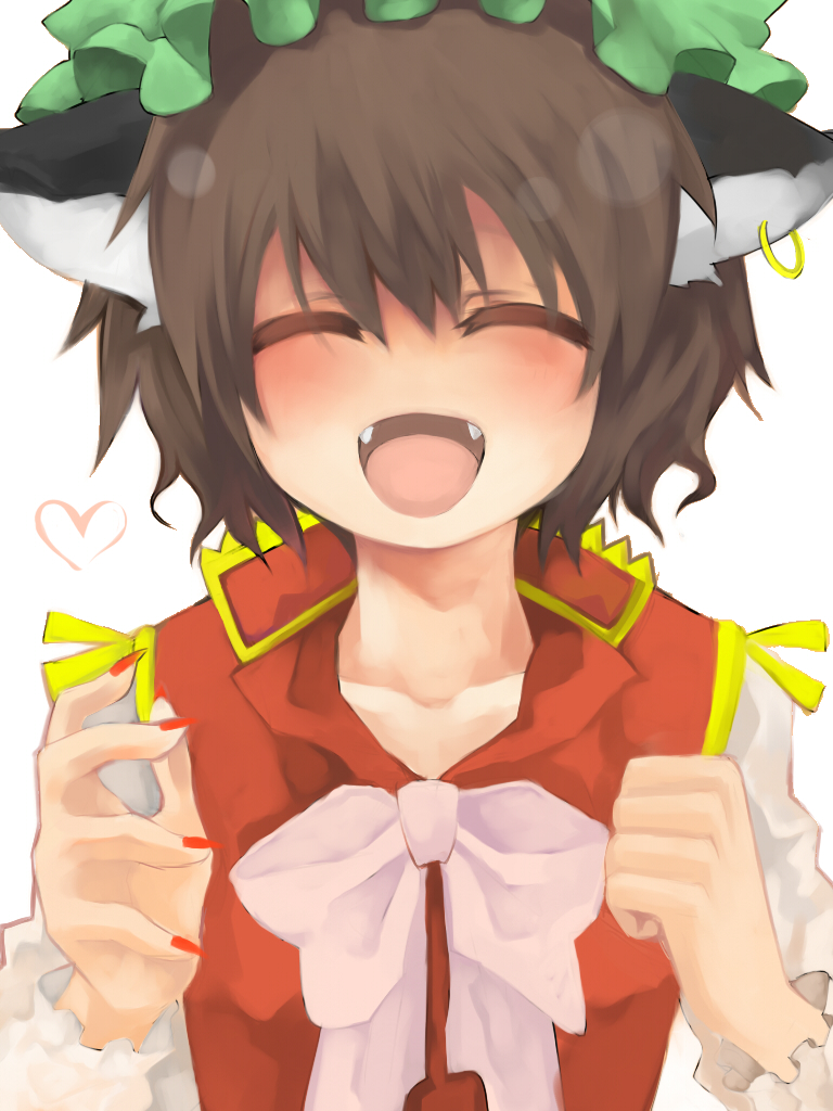 hana (pixiv159178), hana (yui), chen, touhou, bad id, bad pixiv id, 1girl, animal ears, cat ears, cat girl, earrings, female focus, hat, heart, jewelry, simple background, solo, upper body, white background