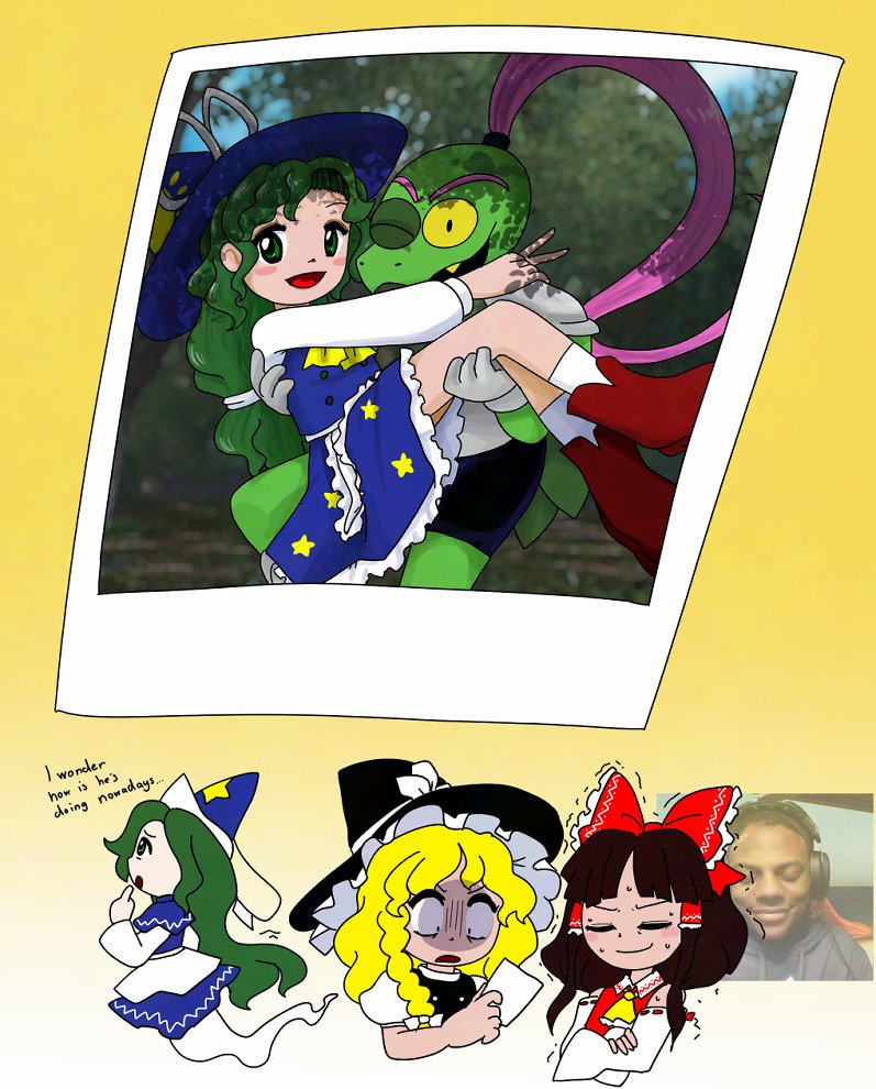 aurora artz, hakurei reimu, kirisame marisa, mima (touhou), deltarune, touhou, touhou (pc-98), utdr (toby fox), 1boy, 3girls, ascot, blonde hair, blue capelet, bow, bowtie, braid, brown hair, capelet, carrying, carrying person, colored sclera, colored skin, colored teeth, crooked teeth, detached sleeves, frilled bow, frilled hair tubes, frills, gerson boom, ghost tail, green eyes, green hair, green skin, hair bow, hair tubes, hat, holding, long hair, meme request, multiple girls, nervous sweating, nontraditional miko, open mouth, red bow, ribbon, ribbon-trimmed sleeves, ribbon trim, shirt, short hair, single braid, smile, star (symbol), star print, sun print, sun symbol, sweat, teeth, turtle boy, witch hat, wizard hat, yellow ascot, yellow bow, yellow bowtie, yellow sclera, yellow teeth, zun (style)
