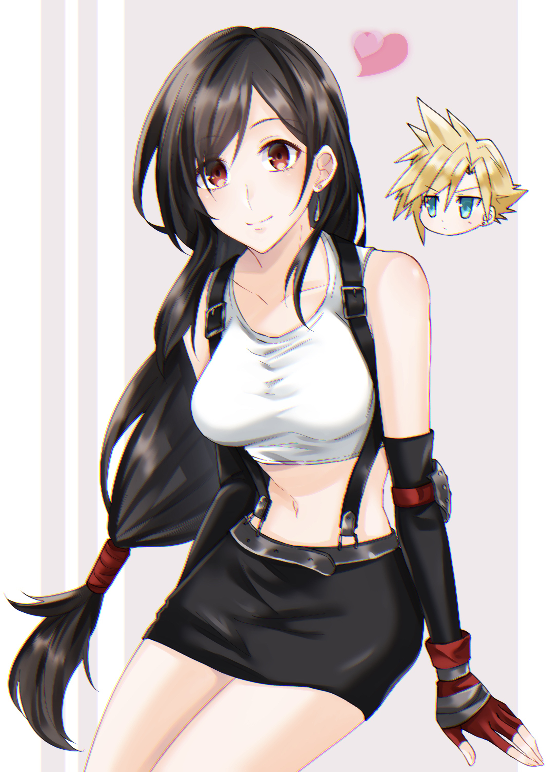 mizuamememe, cloud strife, tifa lockhart, final fantasy, final fantasy vii, absurdres, commentary request, highres, 1boy, 1girl, bare shoulders, belt, black hair, black skirt, black sleeves, blonde hair, blue eyes, blush, breasts, closed mouth, cowboy shot, crop top, detached sleeves, earrings, fingerless gloves, gloves, heart, jewelry, long hair, looking at viewer, low-tied long hair, medium breasts, midriff, miniskirt, navel, pencil skirt, red eyes, red gloves, single earring, skirt, smile, spiked hair, tank top, white tank top