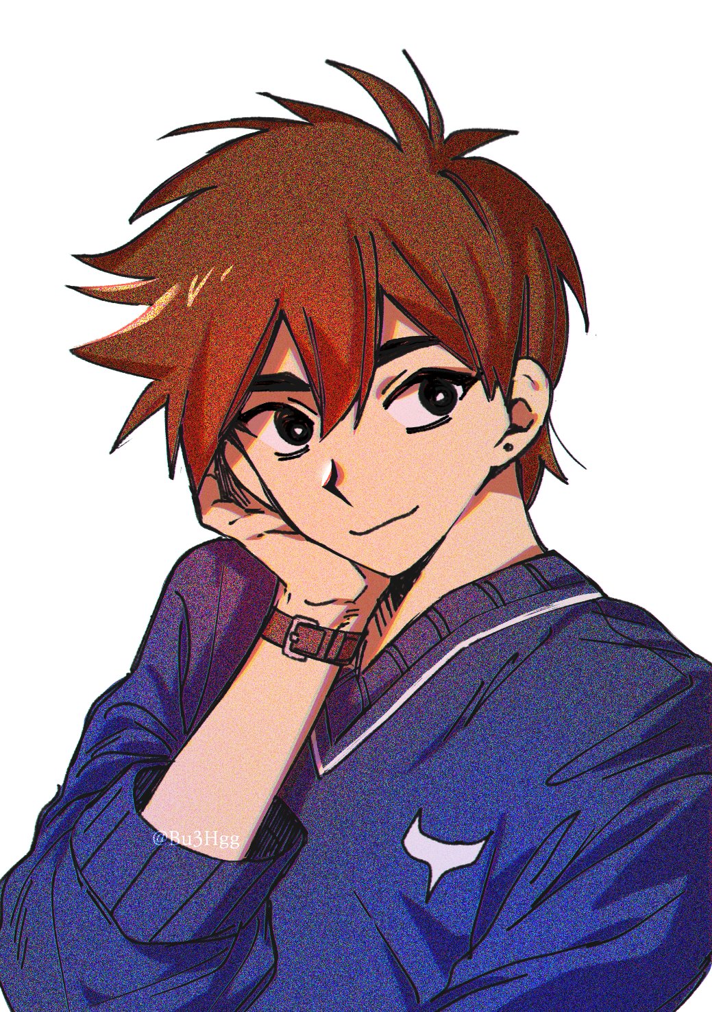 bu3hgg, hero (faraway) (omori), hero (omori), omori, commentary request, highres, korean commentary, 1boy, :3, antenna hair, black eyes, blue sweater, bright pupils, brown hair, chromatic aberration, closed mouth, double-parted bangs, earrings, film grain, hair behind ear, hair between eyes, hand on own cheek, hand on own face, hand up, jewelry, long sleeves, looking at viewer, looking back, male focus, puffy long sleeves, puffy sleeves, short hair, simple background, solo, stud earrings, sweater, twitter username, upper body, v-neck, very short hair, watch, white background, white pupils, wristwatch