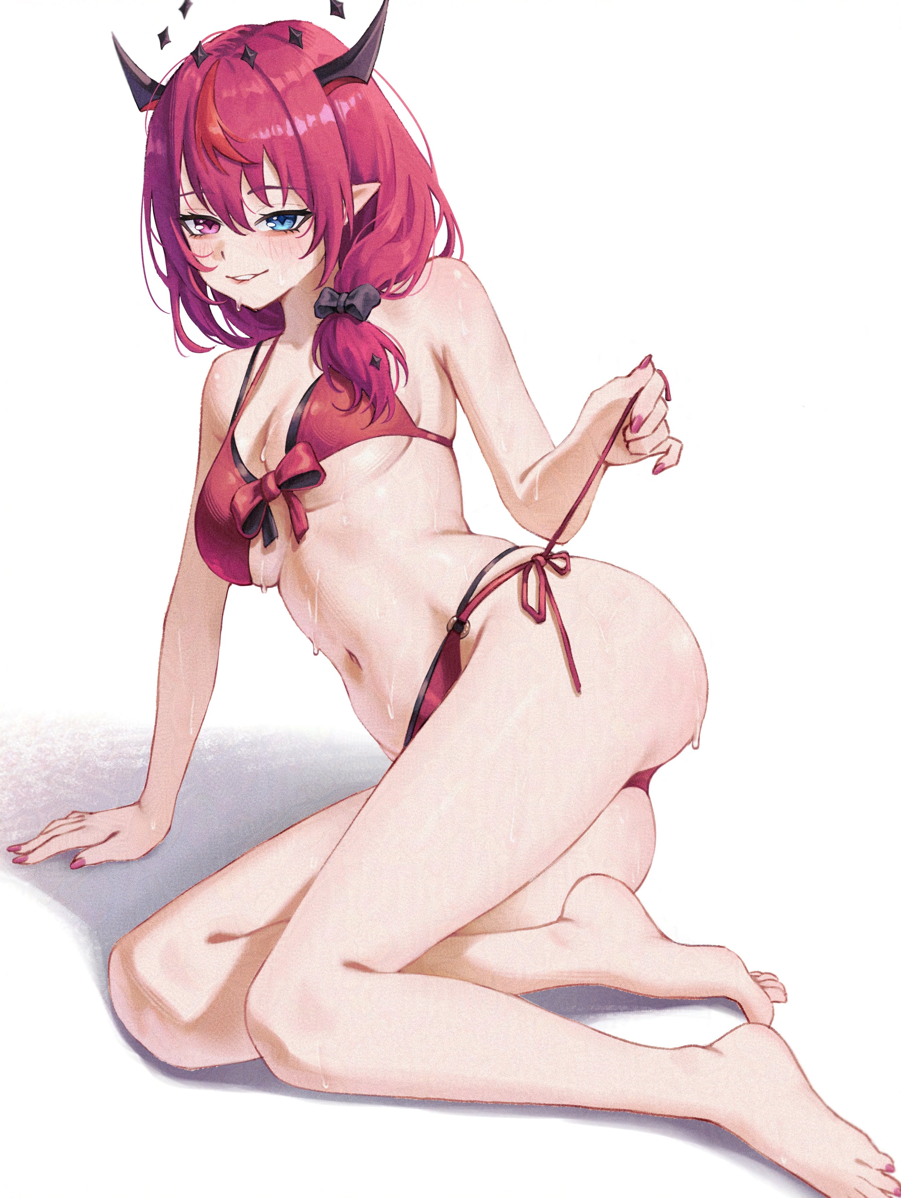 samukzz, irys (hololive), irys (holonatsu paradise) (hololive), hololive, hololive english, absurdres, commentary, english commentary, highres, 1girl, arm support, ass, barefoot, bikini, bikini bottom pull, black bikini, blue eyes, blush, bow, bow bikini, breasts, cleavage, feet, fingernails, hair bow, halo, heterochromia, horns, layered bikini, long hair, low-tied long hair, lying, medium breasts, multicolored hair, nail polish, navel, official alternate costume, on side, parted lips, pointy ears, purple eyes, purple hair, red bikini, red hair, side-tie bikini bottom, simple background, solo, star halo, stomach, streaked hair, swimsuit, teeth, toenails, toes, virtual youtuber, wet, white background