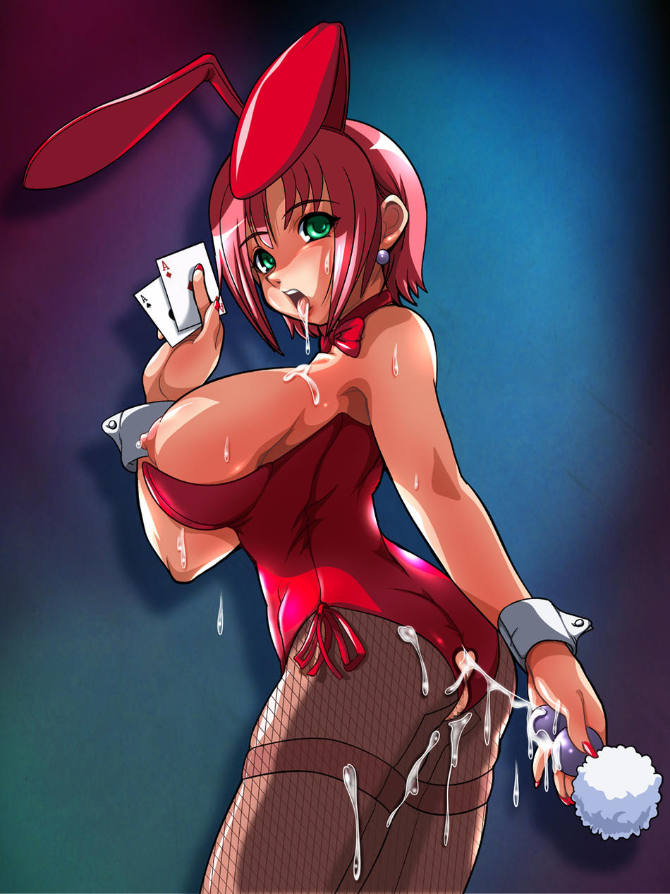 rio rollins, super blackjack, highres, 1girl, anal beads, anal tail, animal ears, breasts, butt plug, card, censored, costume, fake animal ears, fake tail, female focus, fishnets, green eyes, nipples, pantyhose, playboy bunny, rabbit ears, saliva, sex toy, short hair, solo, tail, wrist cuffs