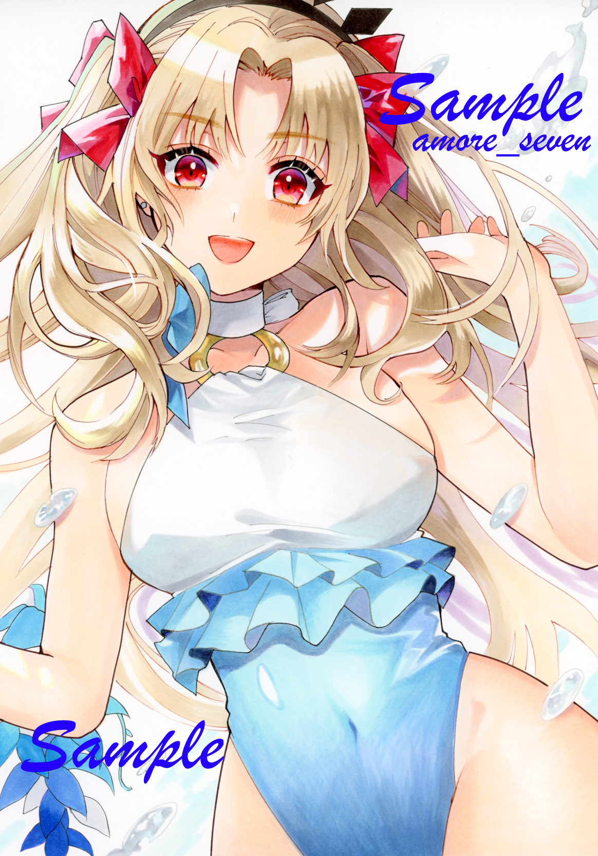 amore seven, ereshkigal (fate), ereshkigal (swimsuit beast) (fate), fate/grand order, fate (series), commentary request, highres, marker (medium), traditional media, 1girl, artist name, black hairband, blush, breasts, covered navel, hair ribbon, hairband, highleg, highleg one-piece swimsuit, long hair, looking at viewer, medium breasts, one-piece swimsuit, open mouth, parted bangs, parted lips, red eyes, red ribbon, ribbon, sample watermark, simple background, smile, solo, swimsuit, teeth, two side up, upper teeth only, watermark, white background