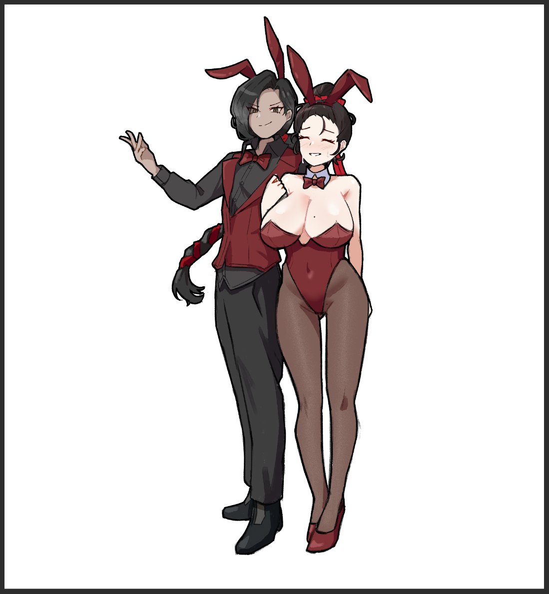 catnip scent, effie (project moon), saude (project moon), limbus company, project moon, 1boy, 1girl, animal ear hairband, animal ears, black hair, black pants, black pantyhose, black shirt, black shoes, bow, bowtie, braid, breasts, brown hair, closed eyes, covered navel, detached collar, fake animal ears, full body, grey eyes, hair bow, hairband, high heels, large breasts, leotard, long hair, long sleeves, looking at viewer, mole, mole on breast, pants, pantyhose, playboy bunny, ponytail, rabbit ear hairband, rabbit ears, red bow, red bowtie, red leotard, red shoes, red vest, shirt, shoes, simple background, standing, strapless, strapless leotard, vest, white background