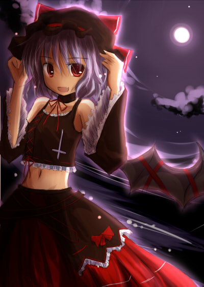 mashayuki, remilia scarlet, touhou, 1girl, alternate costume, bare shoulders, bat wings, blue hair, cloud, cross, detached sleeves, female focus, full moon, hat, midriff, moon, night, night sky, red eyes, ribbon, sky, solo, wings