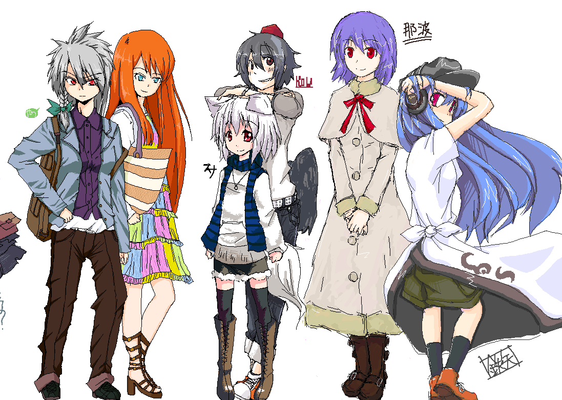 tadano kagekichi, hinanawi tenshi, hong meiling, inubashiri momiji, izayoi sakuya, nagae iku, shameimaru aya, touhou, 6+girls, alternate costume, animal ears, blue eyes, blue hair, boots, casual, contemporary, female focus, gladiator sandals, grey hair, hat, jaggy lines, multiple girls, no headwear, oekaki, purple hair, red hair, sandals, shoes, sneakers, tail, tokin hat, wings, wolf ears, wolf tail