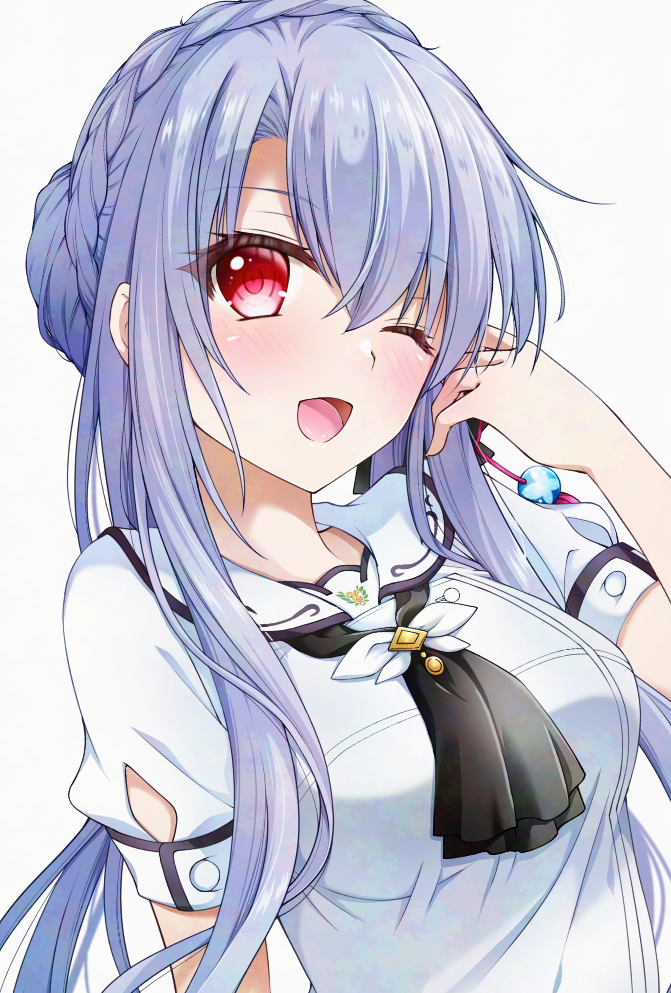chibinon, sorakado ao, summer pockets, adversarial noise, commentary request, highres, 1girl, ;d, animal print, ascot, black ascot, blue hair, blush, braid, breasts, butterfly print, crown braid, eyelashes, eyes visible through hair, hair between eyes, hair bun, hair ribbon, hand up, happy, large breasts, long hair, looking at viewer, one eye closed, open mouth, puffy short sleeves, puffy sleeves, red eyes, red ribbon, ribbon, sailor collar, school uniform, serafuku, shirt, short sleeves, sidelocks, simple background, single hair bun, smile, solo, summer pockets school uniform, upper body, very long hair, white background, white sailor collar, white shirt