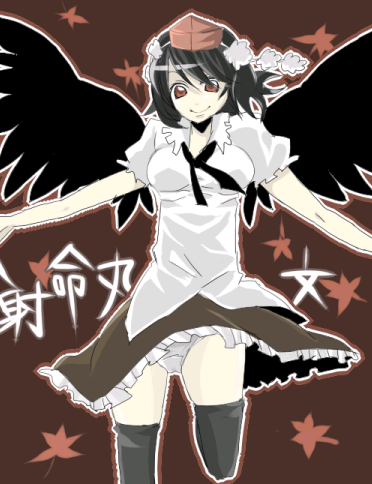 gyokairui, rei haya tounoko, shameimaru aya, touhou, bad id, bad pixiv id, lowres, 1girl, female focus, hat, solo, thighhighs