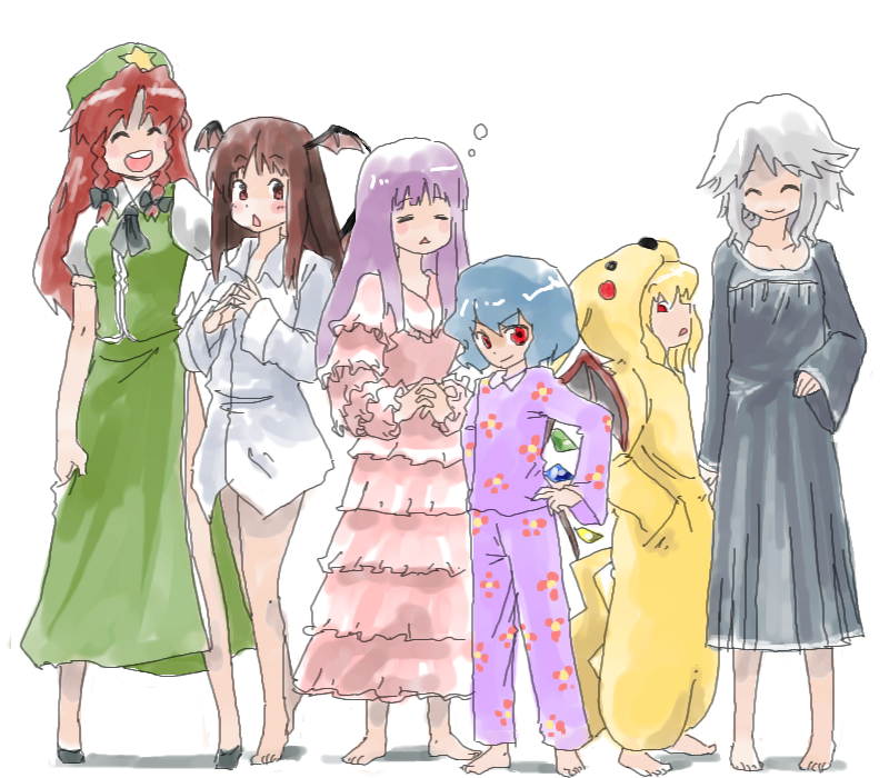 abekawa, flandre scarlet, hong meiling, izayoi sakuya, koakuma, patchouli knowledge, pikachu, remilia scarlet, pokemon, touhou, silver hair, :<, :d, = =, ^ ^, barefoot, bat wings, blonde hair, blue hair, brown hair, closed eyes, cosplay, costume, happy, head wings, open mouth, pajamas, pikachu (cosplay), purple hair, red eyes, red hair, smile, wings