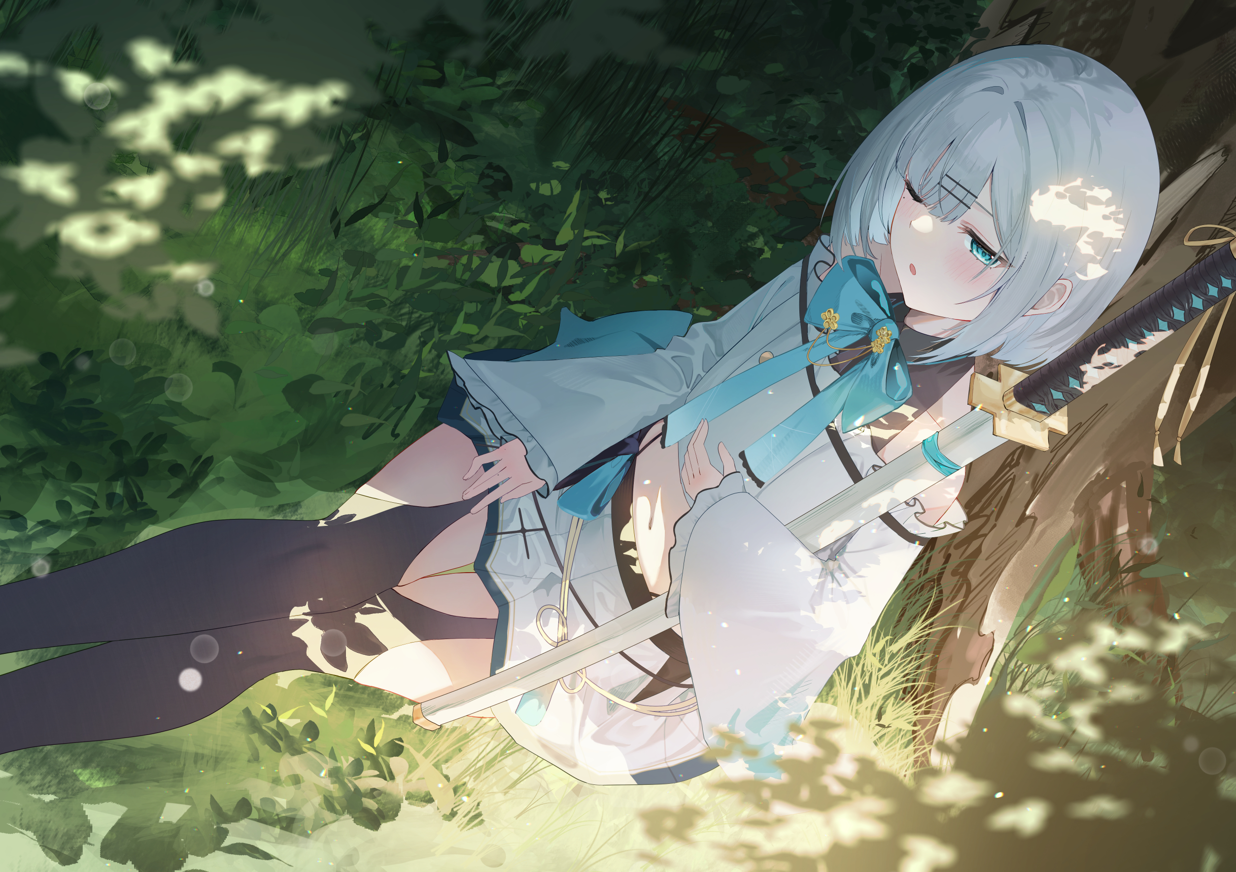 aki uzuki3, kaga sumire, kaga sumire (5th costume), lupinus virtual games, vspo!, highres, 1girl, aqua eyes, aqua ribbon, black thighhighs, blush, feet out of frame, grass, hair intakes, katana, looking at viewer, midriff, navel, neck ribbon, official alternate costume, one eye closed, parted lips, ribbon, scabbard, sheath, shirt, short hair, side part, sitting, sleeves past wrists, solo, sword, thighhighs, tree, virtual youtuber, weapon, white hair, white shirt