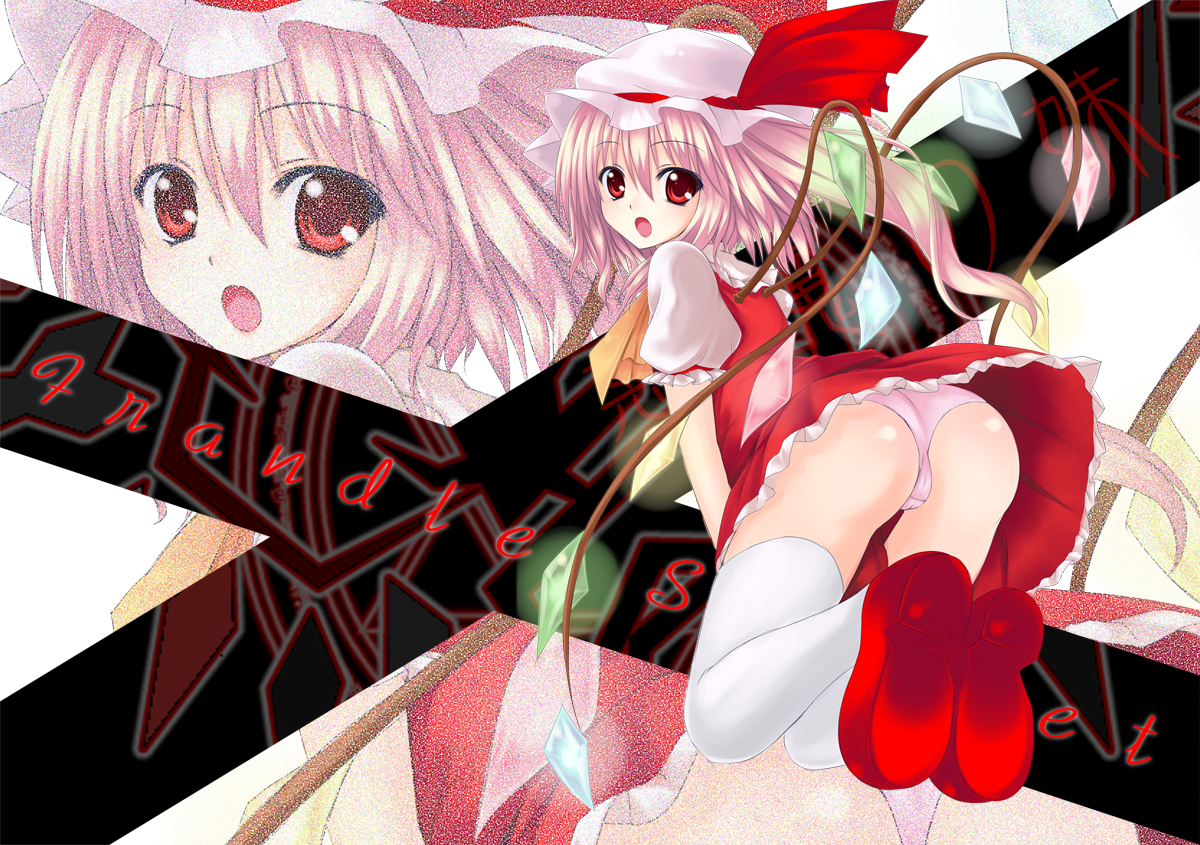 houmatsu, utakata (kochou no yume), flandre scarlet, touhou, bad id, bad pixiv id, 1girl, ass, dress, female focus, hat, mob cap, panties, pink hair, red eyes, ribbon, solo, thighhighs, underwear, wings