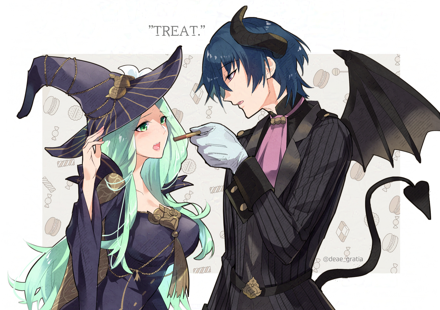 yomos gara, male byleth (fire emblem), male byleth (halloween) (fire emblem), rhea (fire emblem), rhea (halloween) (fire emblem), fire emblem, fire emblem: three houses, fire emblem heroes, nintendo, commentary request, 1boy, 1girl, black dress, black hat, black horns, black wings, blue eyes, blue hair, blush, breasts, demon horns, demon wings, dress, english text, fake horns, fake tail, fake wings, food, gloves, green hair, hat, height difference, holding, horns, large breasts, large hat, long hair, long sleeves, looking at another, official alternate costume, profile, short hair, tail, twitter username, very long hair, white gloves, wings, witch hat