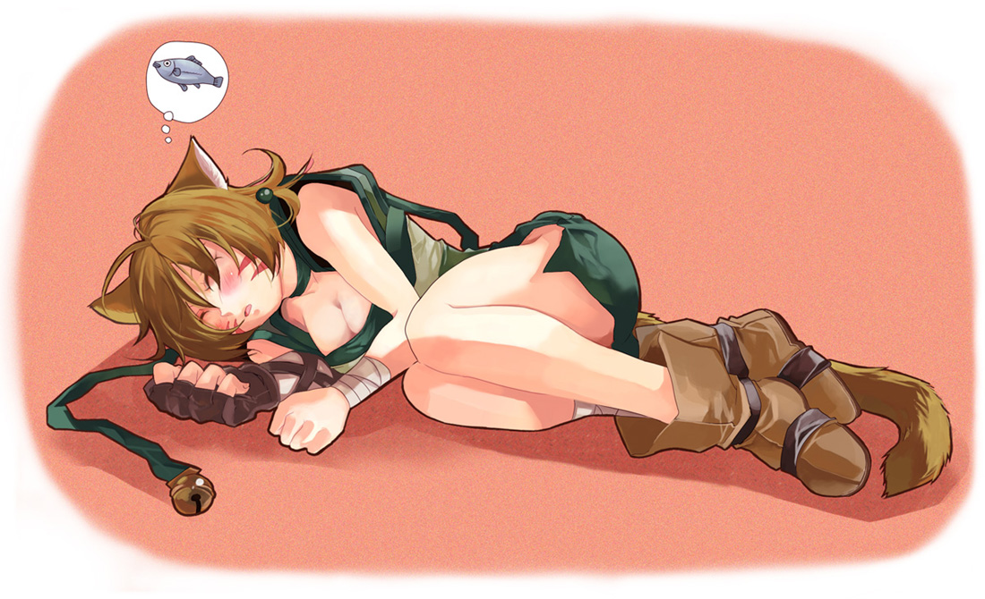 kurano (rakku5raku), lethe (fire emblem), fire emblem, fire emblem: path of radiance, nintendo, commentary request, 1girl, animal ears, boots, breasts, brown boots, brown hair, cat ears, cat girl, cleavage, closed eyes, dreaming, fish, image in thought bubble, lying, on side, short hair, sleeping, solo, speech bubble, tail, thighs, thought bubble