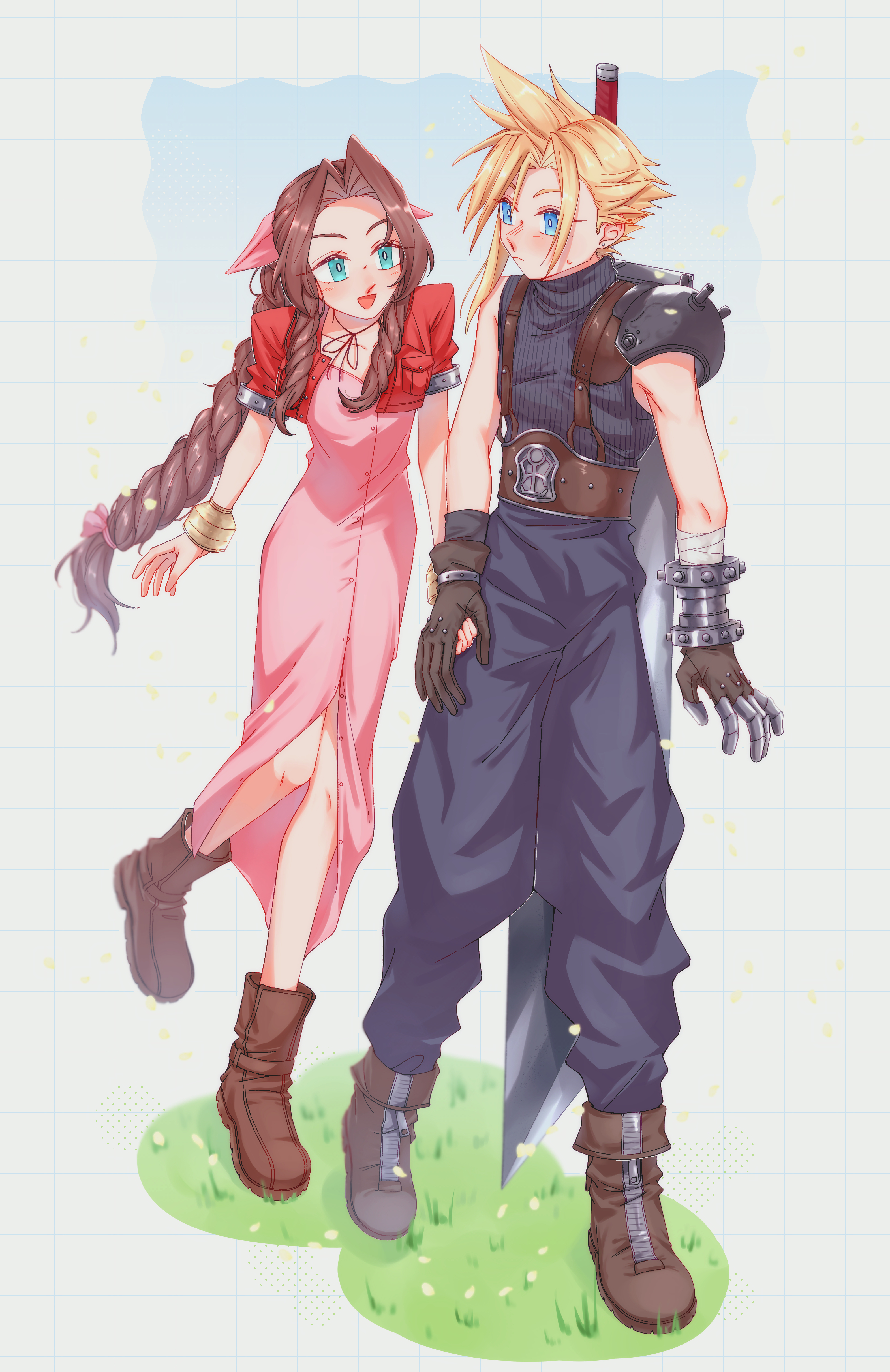asa 00f, aerith gainsborough, cloud strife, final fantasy, final fantasy vii, absurdres, highres, 1boy, 1girl, aqua eyes, armor, baggy pants, bandaged arm, bandages, bangle, belt, blonde hair, blue eyes, blue pants, blue shirt, boots, bracelet, braid, braided ponytail, brown belt, brown boots, brown gloves, brown hair, buttons, choker, cropped jacket, dress, earrings, full body, gloves, grass, hair ribbon, holding hands, jacket, jewelry, light blush, long dress, long hair, looking at another, open mouth, pants, parted bangs, pink dress, pink ribbon, puffy short sleeves, puffy sleeves, red jacket, ribbon, ribbon choker, shirt, short hair, short sleeves, shoulder armor, sidelocks, single bare shoulder, single braid, single earring, single shoulder pad, sleeveless, sleeveless turtleneck, smile, spiked hair, suspenders, sweatdrop, turtleneck
