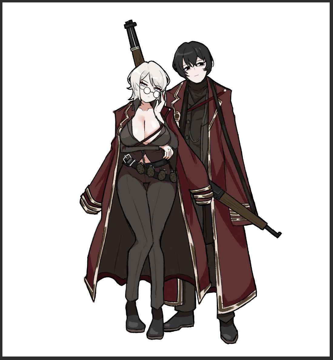 catnip scent, faust (project moon), katriel (project moon), yi sang (project moon), limbus company, project moon, 1boy, 1girl, black eyes, black hair, black pants, black shirt, black shoes, black sweater, black vest, blue eyes, breasts, cleavage, closed mouth, coat, coat on shoulders, collared shirt, cosplay, full body, glasses, gun, katriel (project moon) (cosplay), large breasts, long sleeves, looking at viewer, pants, red coat, round eyewear, shirt, shoes, short hair, simple background, solo, standing, sweater, thumb (identity) (project moon), vest, weapon, white background, white hair