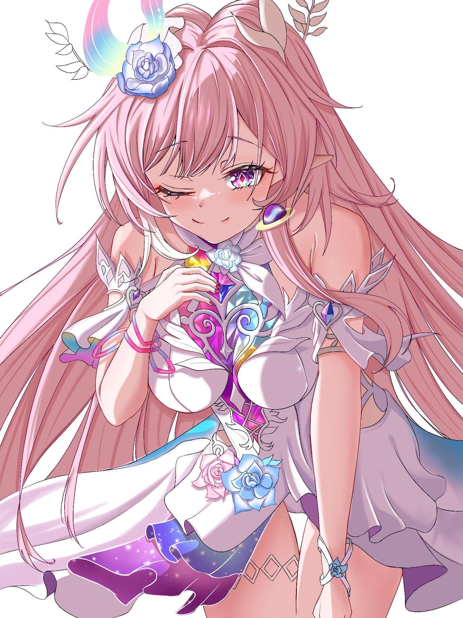 cyrene (honkai: star rail), cyrene (ripples of past reverie) (honkai: star rail), honkai: star rail, honkai (series), hashtag-only commentary, highres, 1girl, ;), bare shoulders, breasts, diamond-shaped pupils, diamond (shape), dress, earrings, flower, hair flower, hair ornament, halo, hand on own chest, jewelry, large breasts, leaning forward, long hair, one eye closed, pink hair, purple eyes, simple background, smile, solo, symbol-shaped pupils, umsao4545, very long hair, white background, white dress