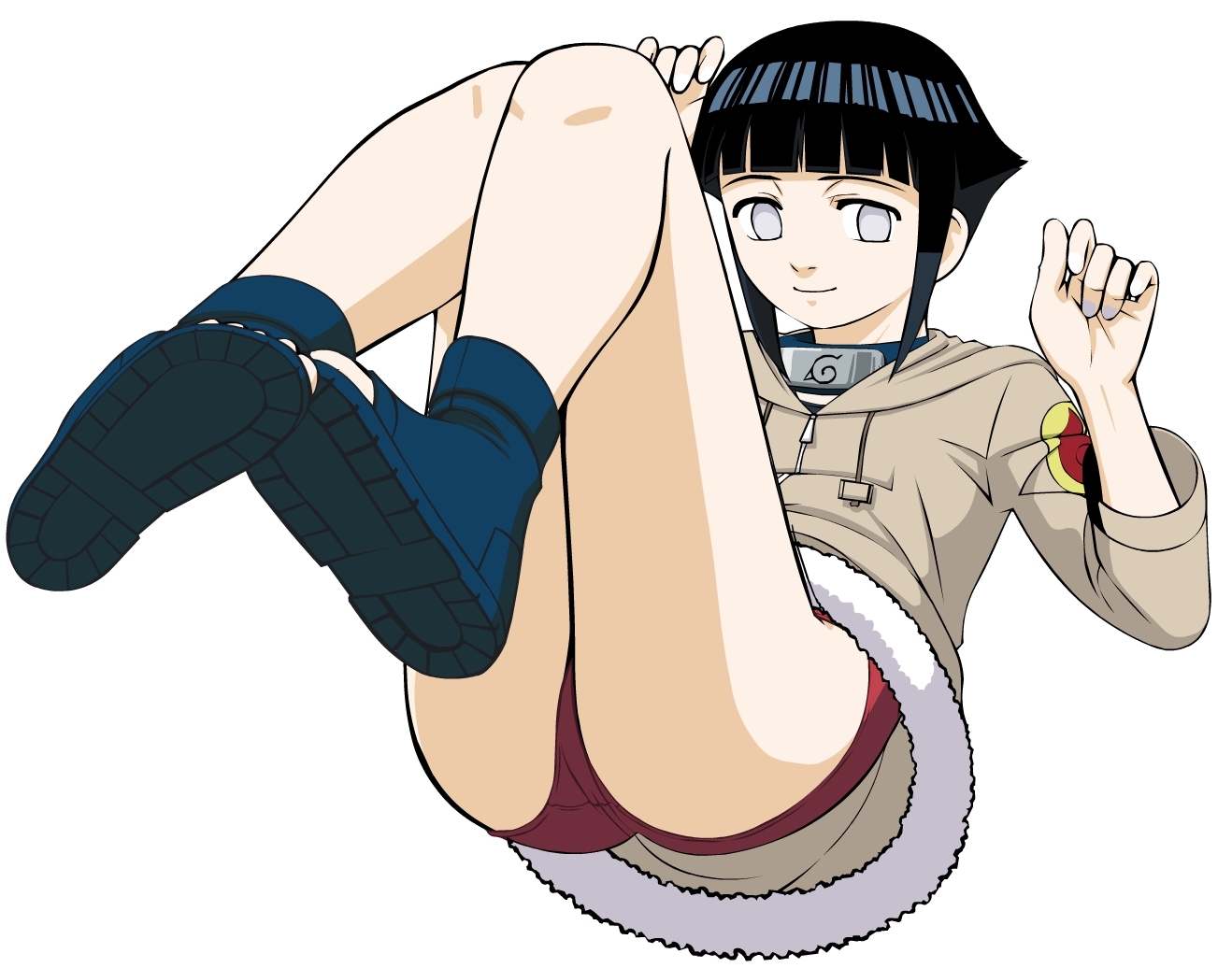 hyuuga hinata, naruto (classic), naruto (series), artist request, 1girl, black hair, buruma, female focus, headband, jacket, solo, white eyes