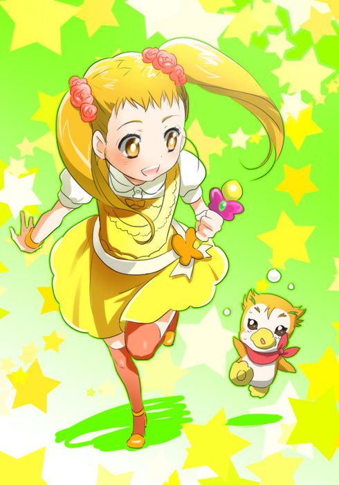 kikuchi mataha, kasugano urara (yes! precure 5), syrup (precure 5), syrup (yes! precure 5), precure, yes! precure 5, 00s, 1girl, animal, blonde hair, flat chest, happy, kneehighs, long hair, socks, thighhighs, twintails, yellow eyes