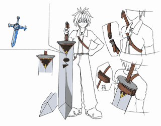 haru glory, rave (manga), lowres, 00s, 1boy, male focus, model sheet, reference sheet, solo, spiked hair, sword, weapon
