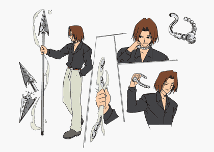 hamrio musica, rave (manga), lowres, 00s, 1boy, alternate hairstyle, brown hair, jewelry, male focus, model sheet, necklace, polearm, reference sheet, solo, spear, weapon