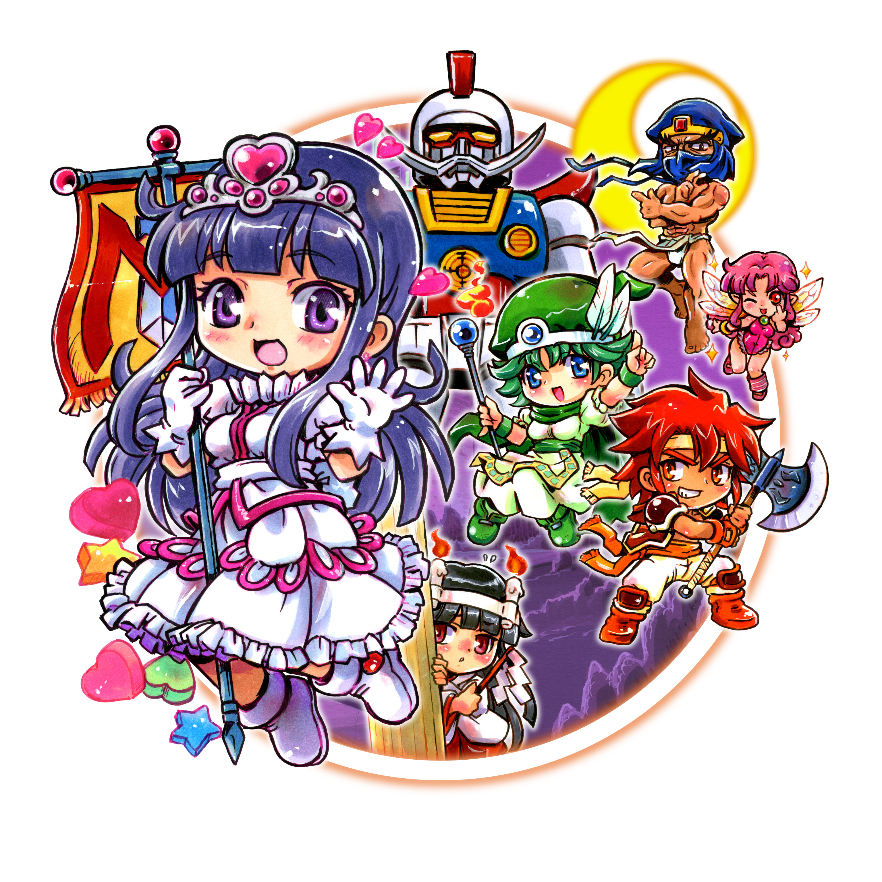 kokomahi, fighter (mamotte knight), mage (mamotte knight), ninja (mamotte knight), princess lola, mamotte knight, absurdres, commentary request, highres, official art, 2boys, 5girls, ageha (mamotte knight), armor, axe, banner, black eyes, black hair, blue eyes, blue hair, blush, boots, chibi, circlet, crescent moon, dark-skinned male, dark skin, deformed, double-sided axe, dress, fairy, fairy wings, feather hair ornament, feathers, fire, gem, gloves, gohei, green hair, green hat, hair ornament, hakama, hands up, hat, headband, heart, heart-shaped gem, holding, holding axe, holding banner, holding gohei, holding staff, japanese clothes, leotard, loincloth, looking at viewer, mask, mecha, miko, miko (mamotte knight), mobile knight g-ya, moon, mouth mask, multiple boys, multiple girls, ninja, ninja mask, open clothes, open mouth, open vest, pants, peeking out, pink eyes, pink gemstone, pink hair, pink leotard, purple eyes, red eyes, red hair, red hakama, red vest, robot, smile, staff, tiara, vest, waving, white boots, white dress, white gloves, white headband, white pants, wings, yellow eyes, yellow headband