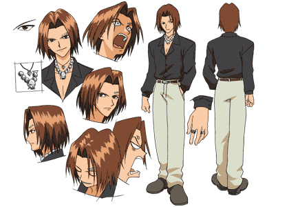 hamrio musica, rave (manga), lowres, 00s, 1boy, alternate hairstyle, belt, brown eyes, brown hair, jewelry, male focus, model sheet, multiple views, necklace, reference sheet, ring, turnaround